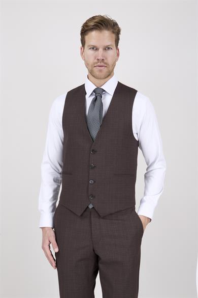 Erkek Slim Fit Sivri Yaka Kahverengi Yelekli Takım Elbise