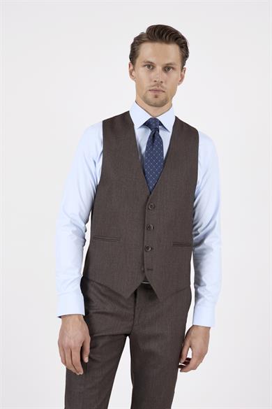 Erkek Slim Fit Sivri Yaka Kahverengi Yelekli Takım Elbise