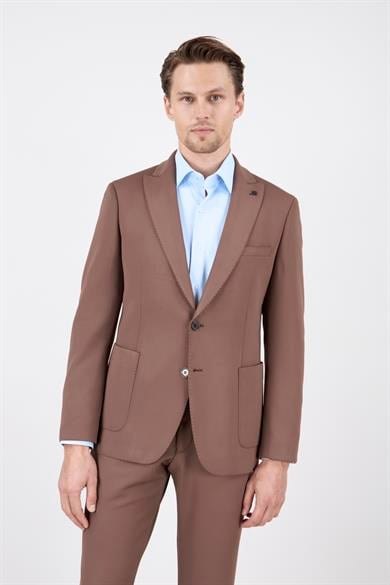 Erkek Slim Fit Sivri Yaka Puntolu Torba Cepli Kahverengi Yarım Astar Takım Elbise