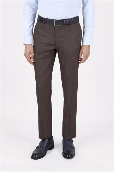 Erkek Slim Fit Sivri Yaka Kahverengi Yelekli Takım Elbise