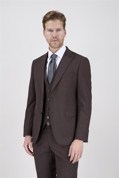 Erkek Slim Fit Sivri Yaka Kahverengi Yelekli Takım Elbise