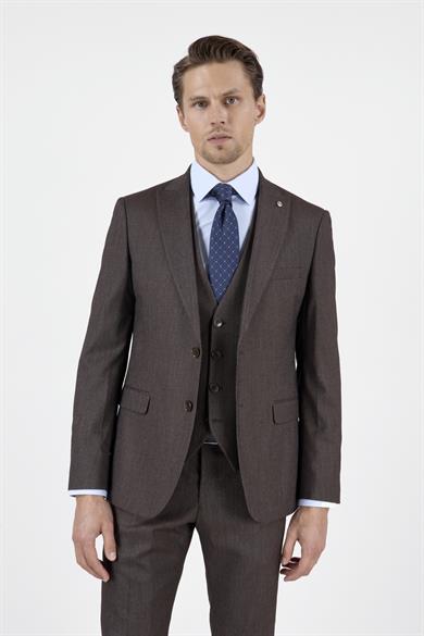 Erkek Slim Fit Sivri Yaka Kahverengi Yelekli Takım Elbise