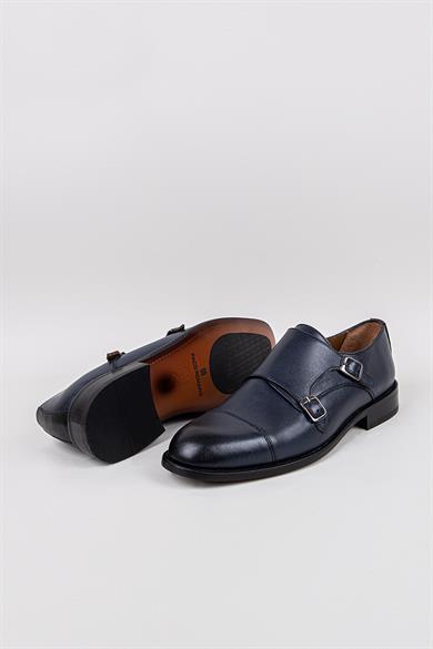 Erkek Lacivert Hakiki Deri Bağcıksız Klasik Ayakkabı