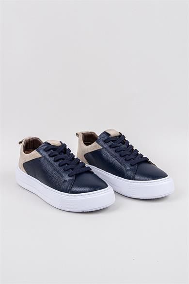 Erkek Lacivert-Beyaz Taban Deri Sneaker Ayakkabı