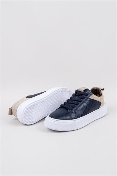 Erkek Lacivert-Beyaz Taban Deri Sneaker Ayakkabı