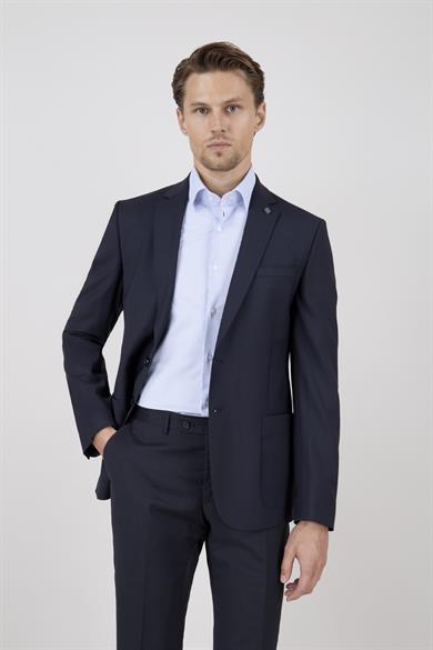 Erkek Slim Fit Mono Yaka Puntolu Lacivert Torba Cep Yarım Astar Takım Elbise