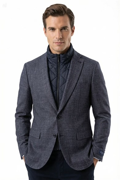 Erkek Slim Fit Mono Yaka Çıkarılabilir Kapitone Astarlı Lacivert Ceket
