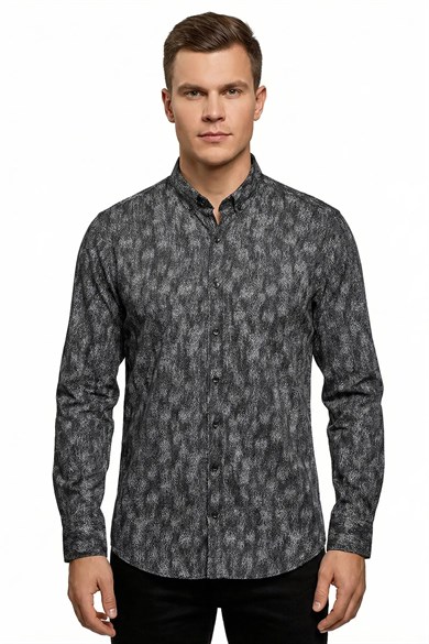 Erkek Slim Fit Desenli Gri Siyah Gömlek