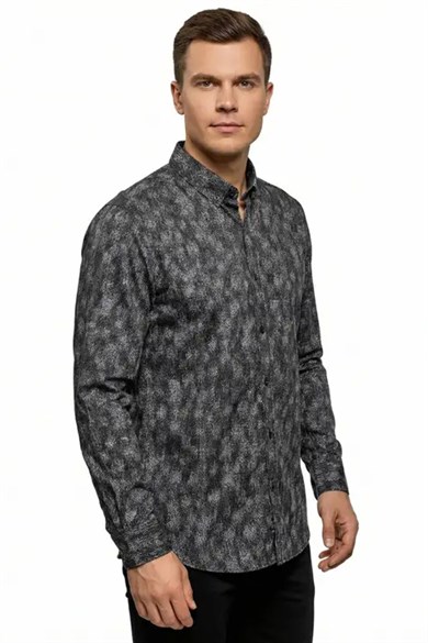 Erkek Slim Fit Desenli Gri Siyah Gömlek