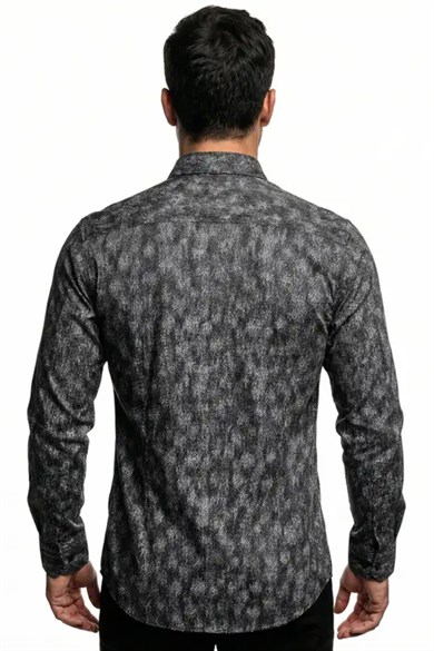 Erkek Slim Fit Desenli Gri Siyah Gömlek