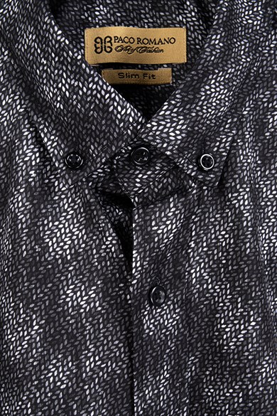 Erkek Slim Fit Desenli Gri Siyah Gömlek