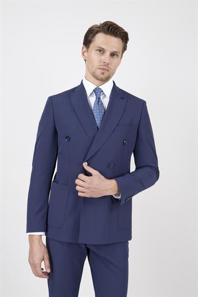 Erkek Slim Fit Sivri Yaka Torba Cep Yarım Astar Lacivert Kruvaze Takım Elbise