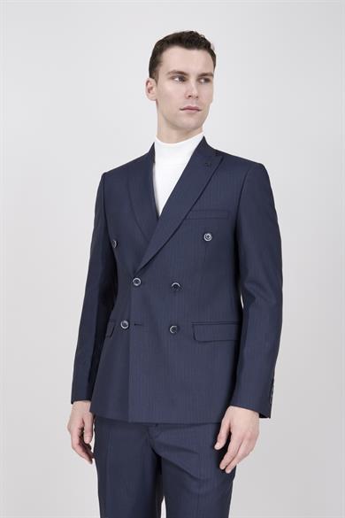 Erkek Slim Fit Sivri Yaka Lacivert Kruvaze Takım Elbise