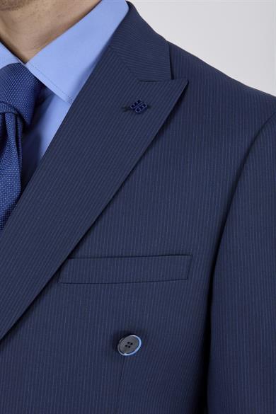 Erkek Slim Fit Sivri Yaka Lacivert Kruvaze Takım Elbise