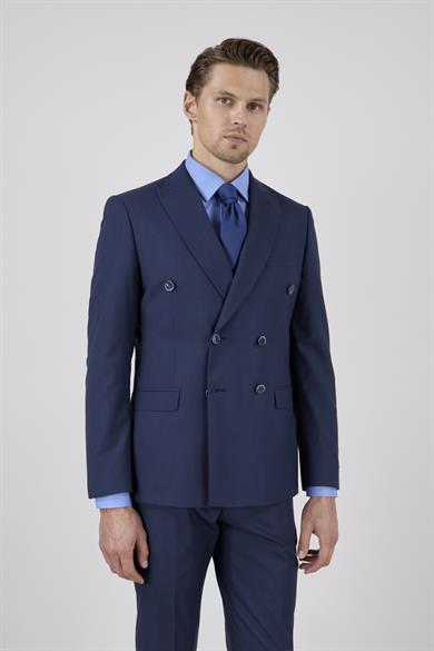 Erkek Slim Fit Sivri Yaka Lacivert Kruvaze Takım Elbise