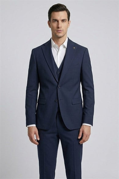 Erkek Slim Fit Mono Yaka Lacivert Yelekli Takım Elbise