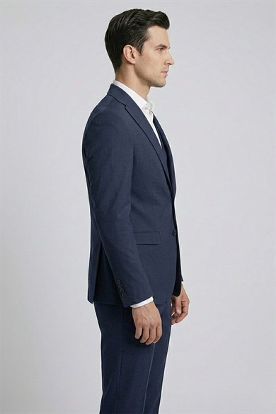 Erkek Slim Fit Mono Yaka Lacivert Yelekli Takım Elbise