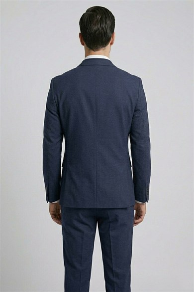 Erkek Slim Fit Mono Yaka Lacivert Yelekli Takım Elbise