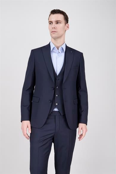 Erkek Slim Fit Sivri Yaka Lacivert Yelekli Takım Elbise