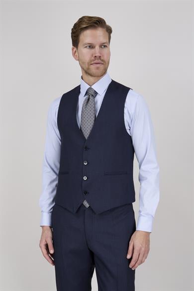Erkek Slim Fit Sivri Yaka Lacivert Yelekli Takım Elbise