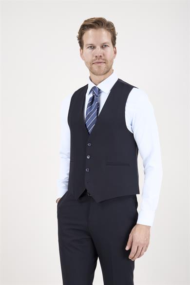 Erkek Slim Fit Sivri Yaka Lacivert Yelekli Takım Elbise