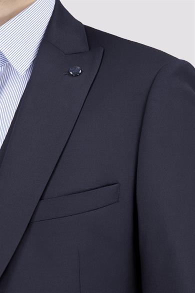 Erkek Slim Fit Sivri Yaka Lacivert Yelekli Takım Elbise