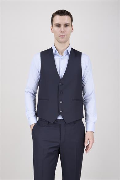 Erkek Slim Fit Sivri Yaka Lacivert Yelekli Takım Elbise
