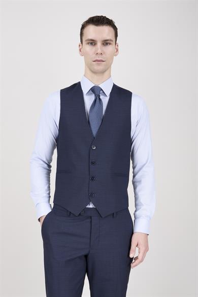 Erkek Slim Fit Sivri Yaka Lacivert Yelekli Takım Elbise