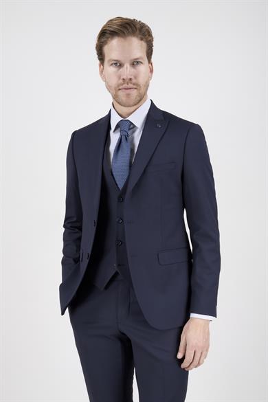 Erkek Slim Fit Sivri Yaka Lacivert Yelekli Takım Elbise