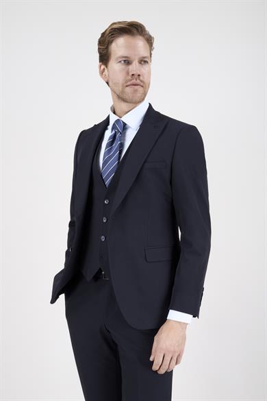 Erkek Slim Fit Sivri Yaka Lacivert Yelekli Takım Elbise