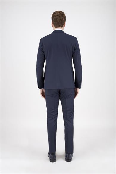 Erkek Slim Fit Sivri Yaka Lacivert Yelekli Takım Elbise