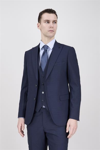 Erkek Slim Fit Sivri Yaka Lacivert Yelekli Takım Elbise