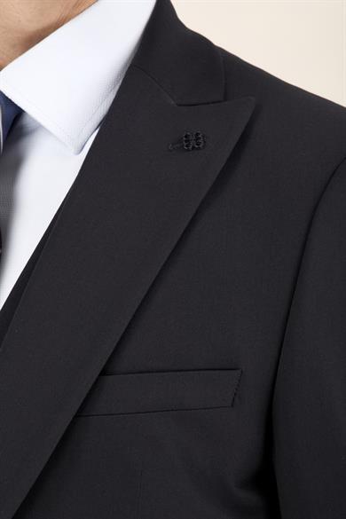 Erkek Slim Fit Sivri Yaka Lacivert Yelekli Takım Elbise