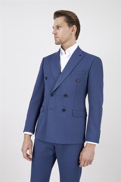 Erkek Slim Fit Sivri Yaka Puntolu Kapak Cepli Mavi Yarım Astar 6 Drop Kruvaze Takım Elbise