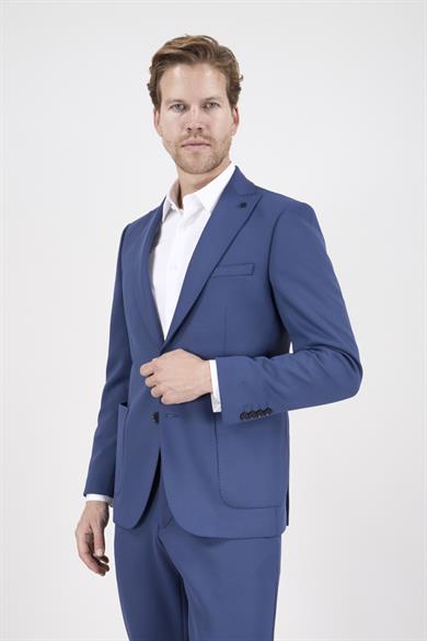 Erkek Slim Fit Sivri Yaka Puntolu Torba Cepli Mavi Yarım Astar Takım Elbise