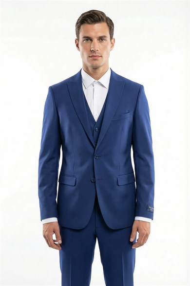 Erkek Slim Fit Sivri Yaka Parlement Yelekli 8 Drop Takım Elbise