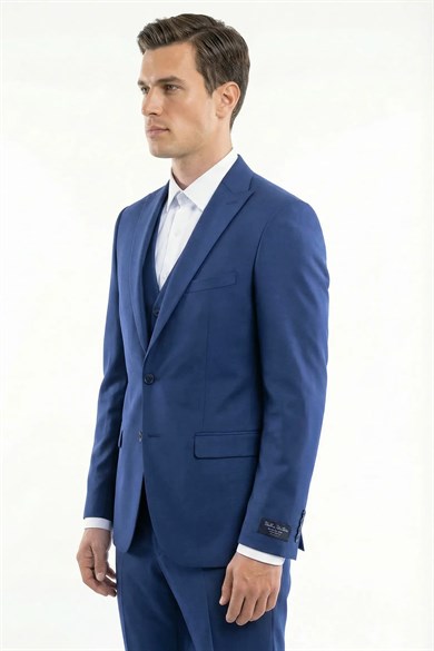 Erkek Slim Fit Sivri Yaka Parlement Yelekli 8 Drop Takım Elbise