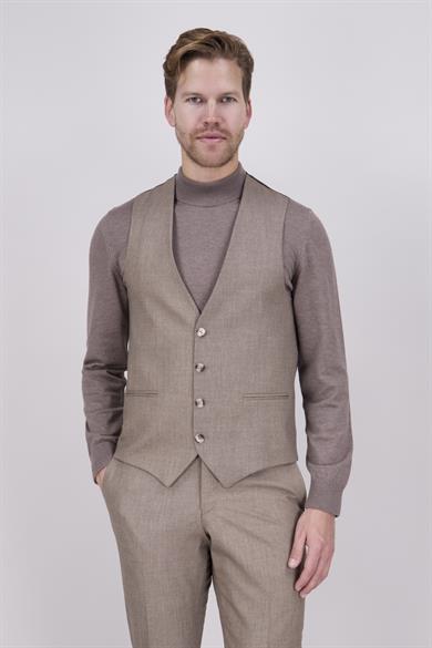 Erkek Slim Fit Sivri Yaka Sütlü Kahve 8 Drop Yelekli Takım Elbise