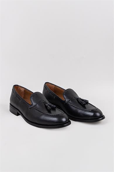 Erkek Siyah Hakiki Deri Püsküllü Klasik Ayakkabı