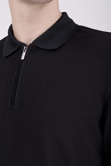 Erkek Uzun Kollu Fermuarlı Siyah Polo Yaka Tişört