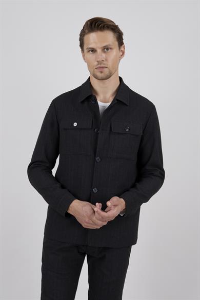 Erkek Slim Fit Siyah Renk Gömlek Ceket Kapak Cepli Spor Alt Üst Takım