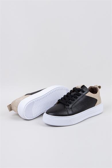 Erkek Siyah-Siyah Taban Deri Sneaker Ayakkabı