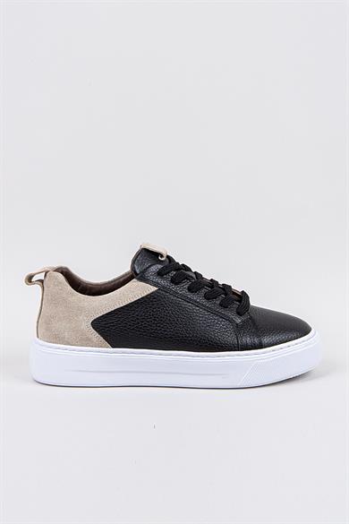 Erkek Siyah-Siyah Taban Deri Sneaker Ayakkabı