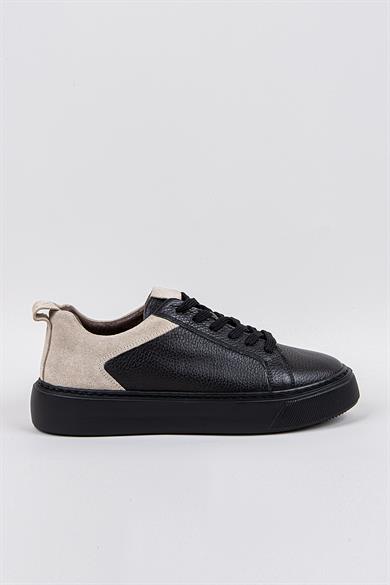 Erkek Siyah-Erkek Siyah Taban Deri Sneaker Ayakkabı