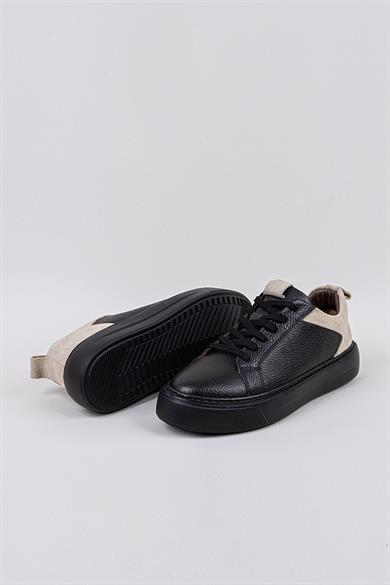 Erkek Siyah-Erkek Siyah Taban Deri Sneaker Ayakkabı