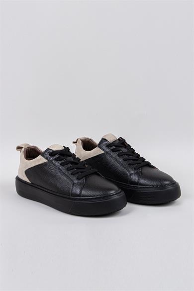 Erkek Siyah-Erkek Siyah Taban Deri Sneaker Ayakkabı