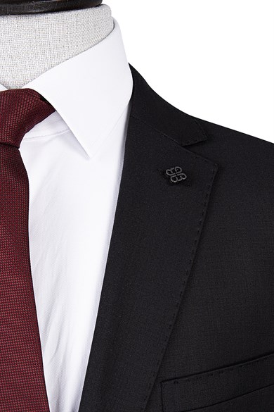 Erkek Slim Fit Mono Yaka Puntolu Siyah Torba Cep Yarım Astar Takım Elbise