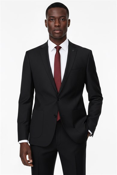 Erkek Slim Fit Mono Yaka Puntolu Siyah Torba Cep Yarım Astar Takım Elbise