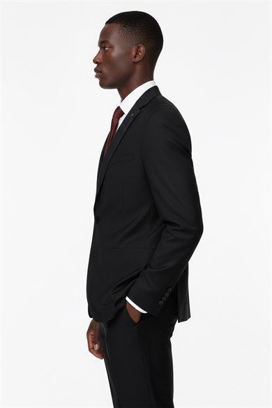 Erkek Slim Fit Mono Yaka Puntolu Siyah Torba Cep Yarım Astar Takım Elbise