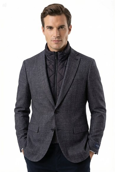 Erkek Slim Fit Mono Yaka Çıkarılabilir Kapitone Astarlı Siyah Ceket